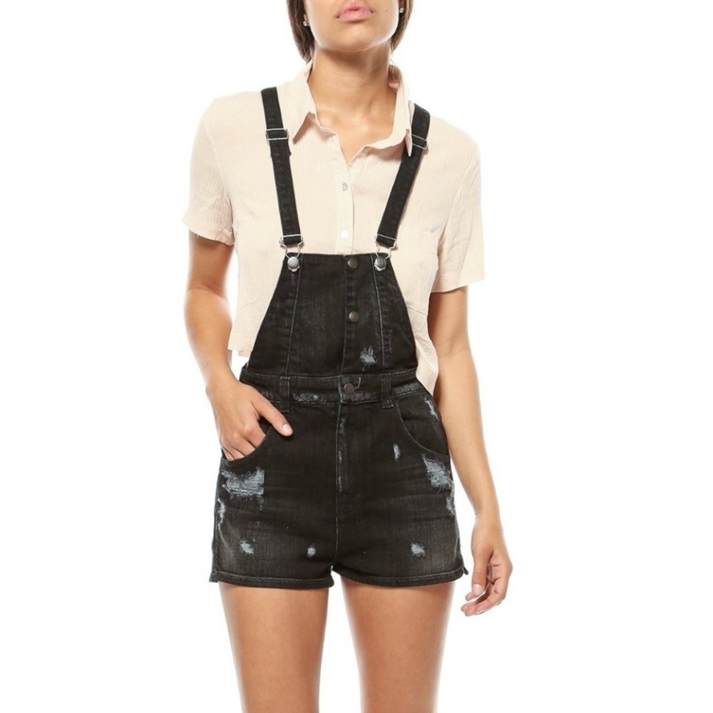 NWT Ksubi Denim Romper Distressed Shortalls Let’s Go Out Washed Black 25